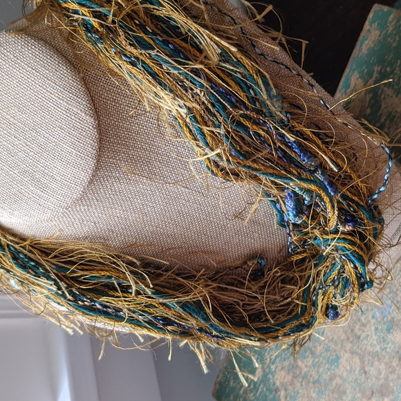 Vintage Jewelry - Vintage Natural Fiber Teal Green, Blue, and Gold Soft String Thread Necklace